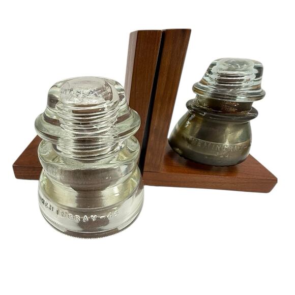 Clear Glass Insulator On Wood Bookends Very Heavy READ Vtg Lineman Electrician - Picture 6 of 14